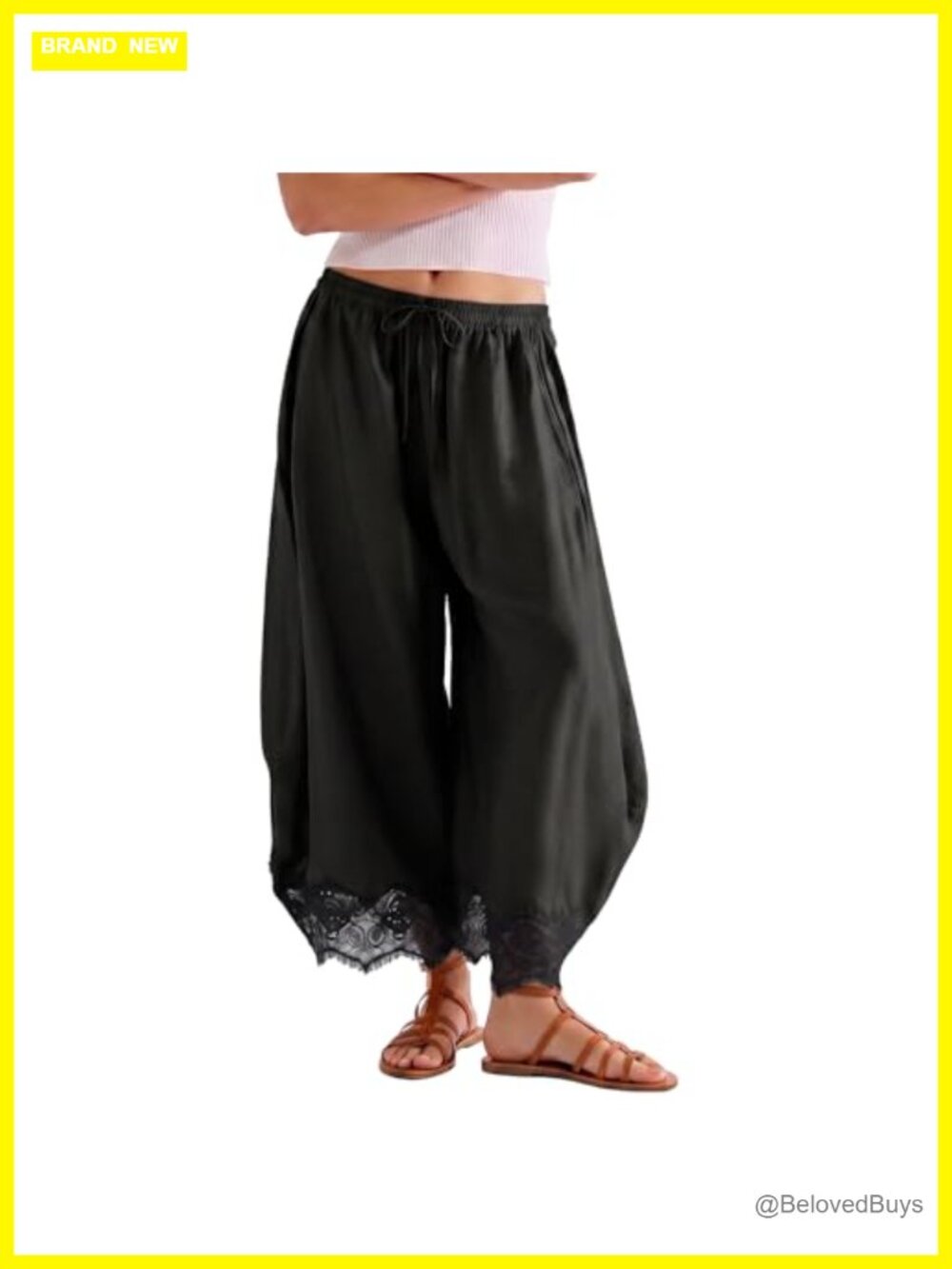 Wide Leg Cropped Lace Hem Casual Summer Pants Loose Fit Trousers